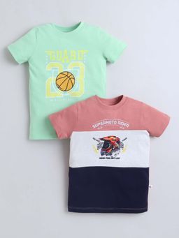 Bumzee - Green and Brick Red Boys Half Sleeves Cotton T-Shirts (Pack of 2)
