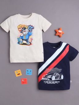 Bumzee - Beige and Navy Blue Boys Half Sleeves Cotton T-Shirts (Pack of 2)
