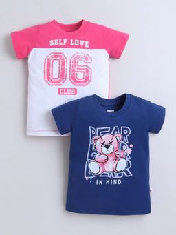 Bumzee - Royal Blue and Pink Girls Half Sleeves Cotton T-Shirts (Pack of 2)