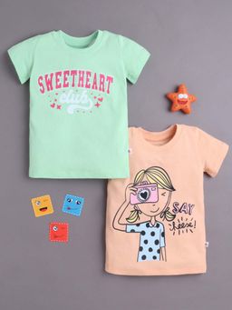 Bumzee - Peach and Green Girls Half Sleeves Cotton T-Shirts (Pack of 2)