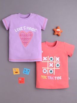 Bumzee - Purple and Coral Girls Half Sleeves Cotton T-Shirts (Pack of 2)
