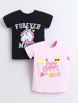 Bumzee - Pink and Black Girls Half Sleeves Cotton T-Shirts (Pack of 2)