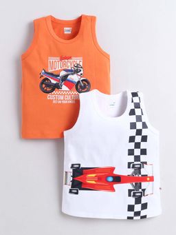 Bumzee - Orange and White Boys Sleeveless Cotton T-Shirts (Pack of 2)