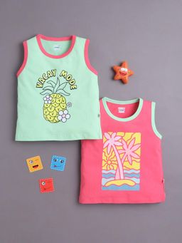 Bumzee - Green and Pink Girls Sleeveless Cotton T-Shirts (Pack of 2)