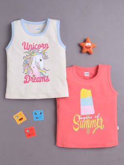 Bumzee - Beige and Coral Girls Sleeveless Cotton T-Shirts (Pack of 2)