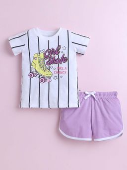 Bumzee - White and Lavender Girls Half Sleeves T-Shirt and Short