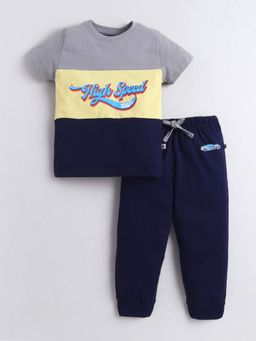 Bumzee - Navy Blue and Grey Boys Half Sleeves Cotton T-Shirt and Joggers
