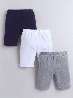 Bumzee - Grey, White and Navy Blue Girls Cotton Cycling Shorts (Pack of 3)