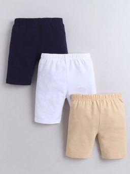 Bumzee - White, Beige and Navy Blue Girls Cotton Cycling Shorts (Pack of 3)