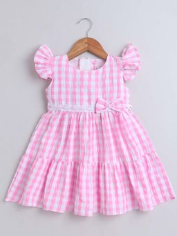 Bumzee - Pink Girls Ruffled Sleeves Cotton Poly Knee Length Frock