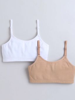 Bumzee - White and Beige Girls Cotton Non Padded Beginners Bras (Pack of 2)