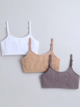 Bumzee - Beige, White and Grey Girls Cotton Non Padded Beginners Bras (Pack of 3)