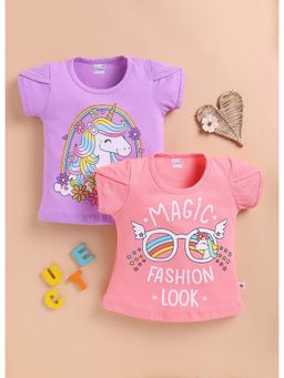 Bumzee - Peach and Lavender Girls Half Sleeves Cotton T-Shirts (Pack of 2)