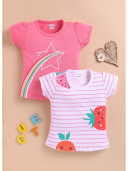 Bumzee - White and Pink Girls Half Sleeves Cotton T-Shirts (Pack of 2)