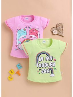 Bumzee - Green and Pink Girls Half Sleeves Cotton T-Shirts (Pack of 2)