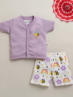 Bumzee - Lavender and White Baby Girls Half Sleeves Jabla and Shorts