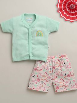 Bumzee - Mint Green and Peach Baby Girls Half Sleeves Jabla and Shorts