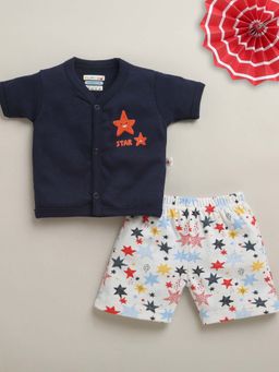 Bumzee - Navy Blue and White Baby Boys Half Sleeves Jabla and Shorts