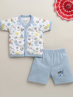 Bumzee - White and Sky Blue Baby Boys Half Sleeves Jabla and Shorts