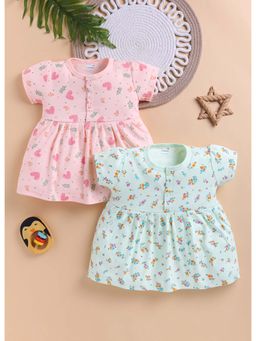 Bumzee - Green and Peach Girls Half Sleeves Cotton Frocks (Pack of 2)