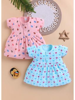 Bumzee - Blue and Peach Girls Half Sleeves Cotton Frocks (Pack of 2)