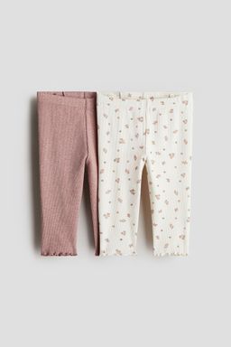 H&M - Girls Pink 2-Pack Ribbed Cotton Leggings