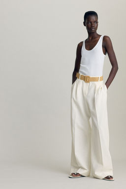 H&M - Women White Belted Linen-Blend Trousers