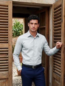 Louis Philippe - Mens Light Grey Dobby Easy to Iron Cotton Slim fit Formal Shirt