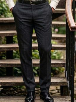 Louis Philippe - Men Grey Textured Flat Front Formal Trousers