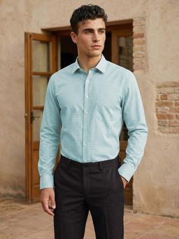 Louis Philippe - Mens Light Blue Checks Easy to Iron Cotton Slim fit Formal Shirt