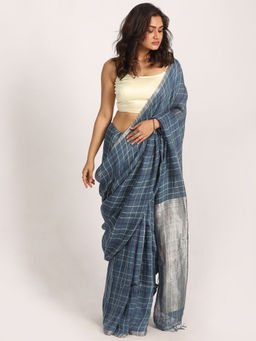 Angoshobha - Steel Blue Traditional Handloom Check Linen Saree with Unstitched Blouse