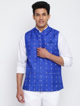 Fabindia - Blue Silk Blend Dobby Nehru Jacket