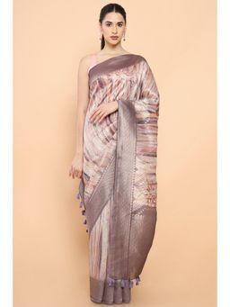 Soch - Women Pink Cotton Printed Saree with Unstitched Blouse