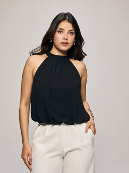 Twenty Dresses by Nykaa Fashion - Black Chiffon Halter Style Band Neck Bow Detail Top