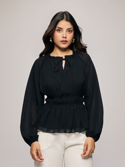 Twenty Dresses by Nykaa Fashion - Black Chiffon Full Sleeves Smocked Tie Up Neck Top