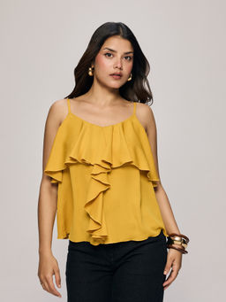 Twenty Dresses by Nykaa Fashion - Yellow Adjustable Spaghetti Straps Ruffled Top