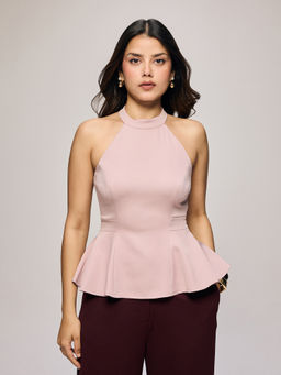 Twenty Dresses by Nykaa Fashion - Pink High Halter Neck Peplum Top