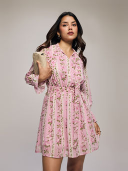 Twenty Dresses by Nykaa Fashion - Pink Floral Printed Tie Up Neck Bell Sleeves Mini Dress
