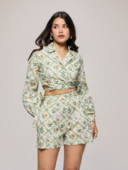 Twenty Dresses by Nykaa Fashion - Green Floral Lapel Neck Top and High Waist Shorts Co-Ord Set