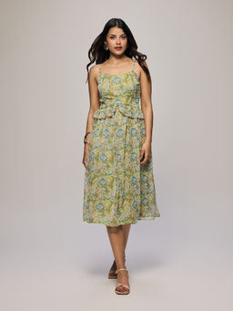 Twenty Dresses by Nykaa Fashion - Green Printed Strappy Gathered-Waist Ruffled Midi Dress