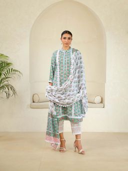 Naseebo - Mint Green Reverie Luxe Cotton Premium Kurta with Pant and Dupatta (Set of 3)