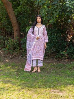 Naseebo - Pink Hand Blocked Cotton Kurta with Pant and Dupatta (Set of 3)