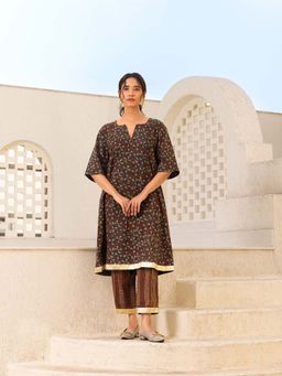 Naseebo - Brown Floral Symphony Ajrakh Kurta with Pant (Set of 2)