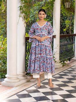 Naseebo - Blue Petal Hand Blocked Cotton Kurta with Pant (Set of 2)