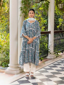 Naseebo - Teal Whisper Hand Blocked Cotton Kurta with Pant and Dupatta (Set of 3)