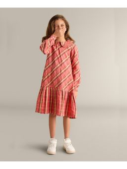 My Milestones - Full Sleeves Lurex Checks Dress with Low Waist Tier - Coral