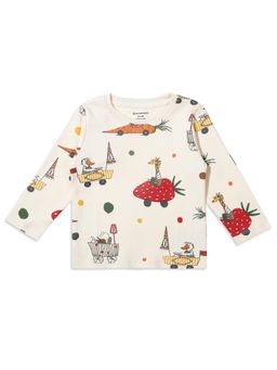 My Milestones - Round Neck Full Sleeves Tee with Little Champs All Over Print - Cream