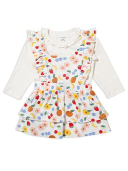 My Milestones - Full Sleeves Embroidered Tee with Dungaree Dress - Off White (Pack of 2)