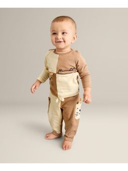 My Milestones - Full Sleeves Color Block Drop Top & Bottom - Cream/Tan (Set of 2)