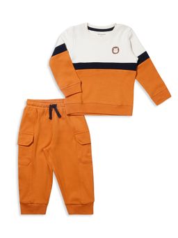 My Milestones - Color Block Lion Embroidery N Suit - Off White/Orange (Set of 2)
